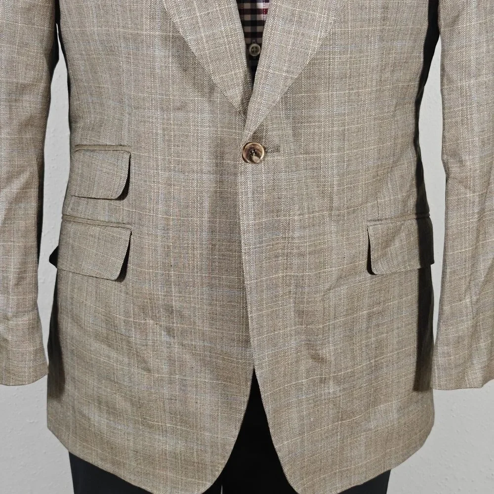 Apollo King Men's Sport Coat Blazer Single Button Brown Plaid 150s Wool Peak 42R